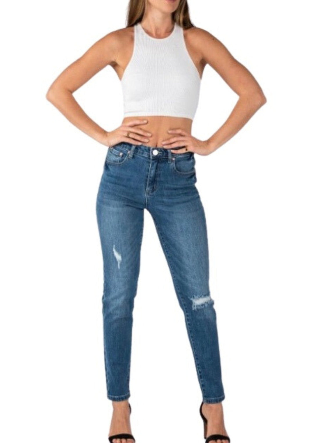 Dark Ripped High Rise Jeans Front